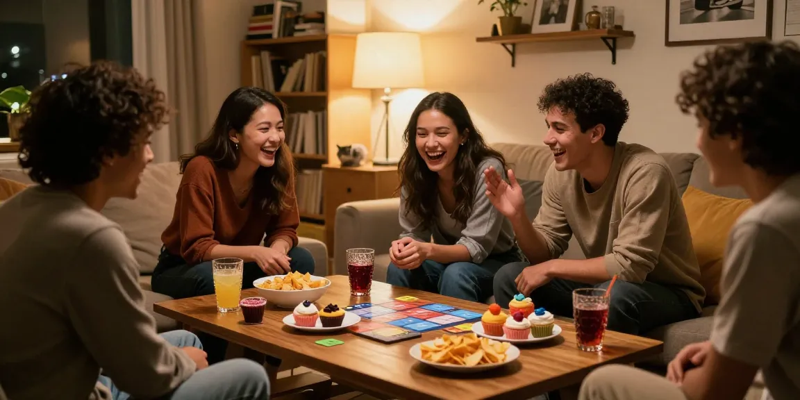 A cozy gathering with friends discussing snapwins telegram while enjoying snacks and drinks in a warm home setting.