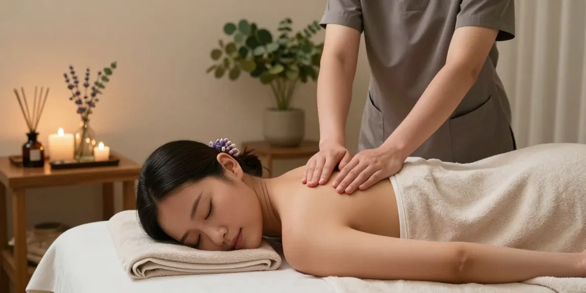 A serene spa scene featuring a skilled therapist providing a 화성출장마사지 in a calming environment with soft lighting and soothing elements.