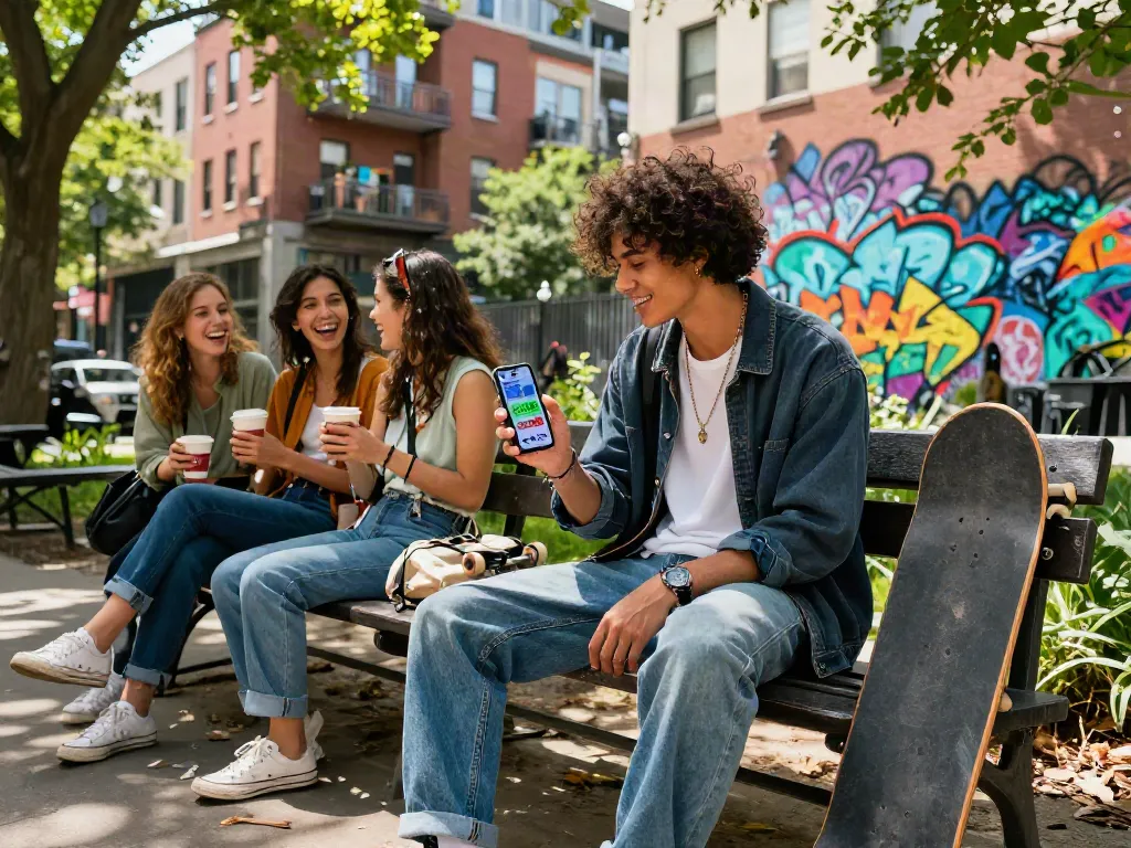 Your stylish friend enjoying the rokok88 app in a vibrant urban setting, showcasing the modern lifestyle.