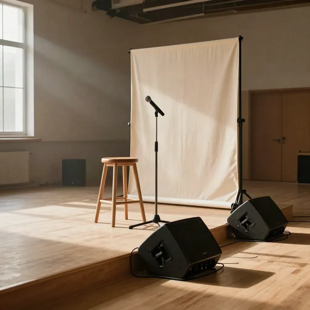 Empty speaker-stage corner with stool, mic stand, backdrop and monitor wedges in warm window light.