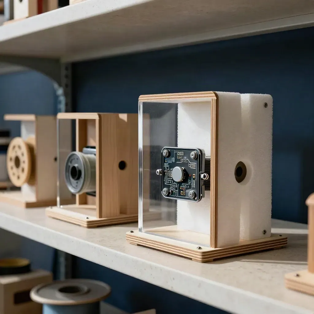 Innovation prototypes lined up on a travertine shelf in workshop haze, low dramatic angle.