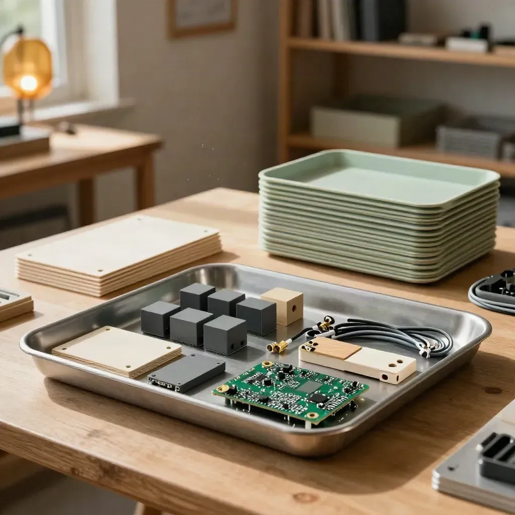 Workshop kits with prototype parts, circuit boards, and reusable trays in warm studio light.