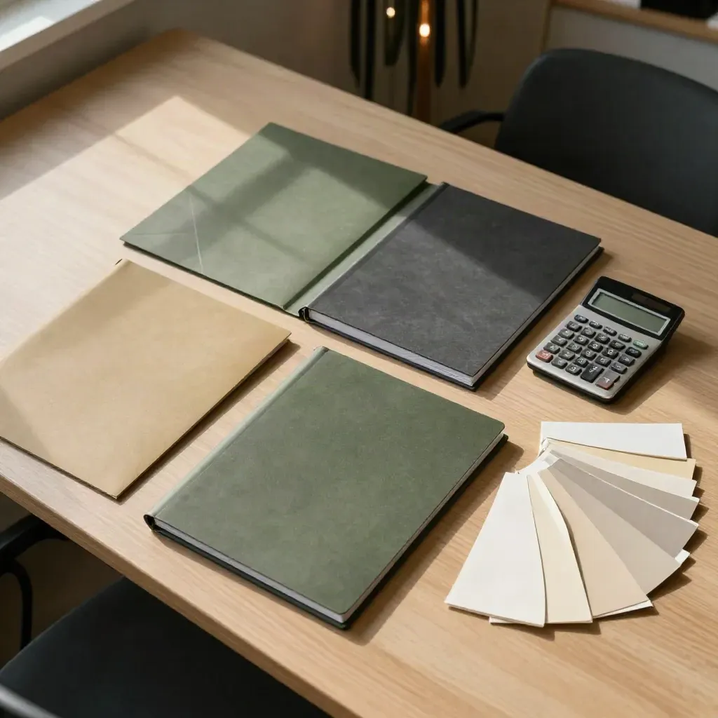 Top-down flatlay of grant-readiness folders, calculator, swatches, and binder on warm oak.
