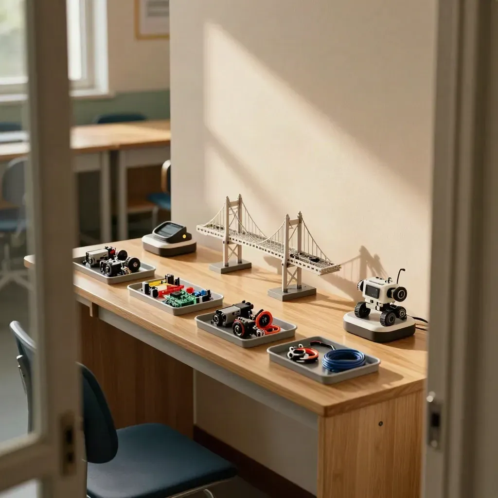 Empty school makerspace corner with micro-robot kits, 3D print, chargers, and tool trays.
