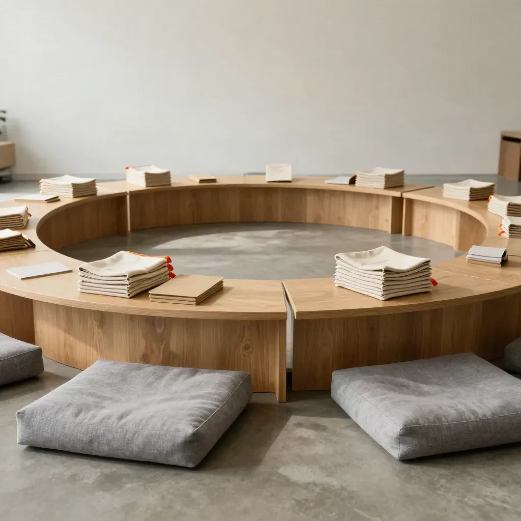 Empty youth mentorship room with circle seating, floor cushions, and stacked welcome kits.