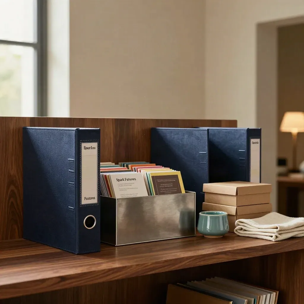 Organized planning shelf with binders, workshop boxes, and a material tray in a cozy workspace.