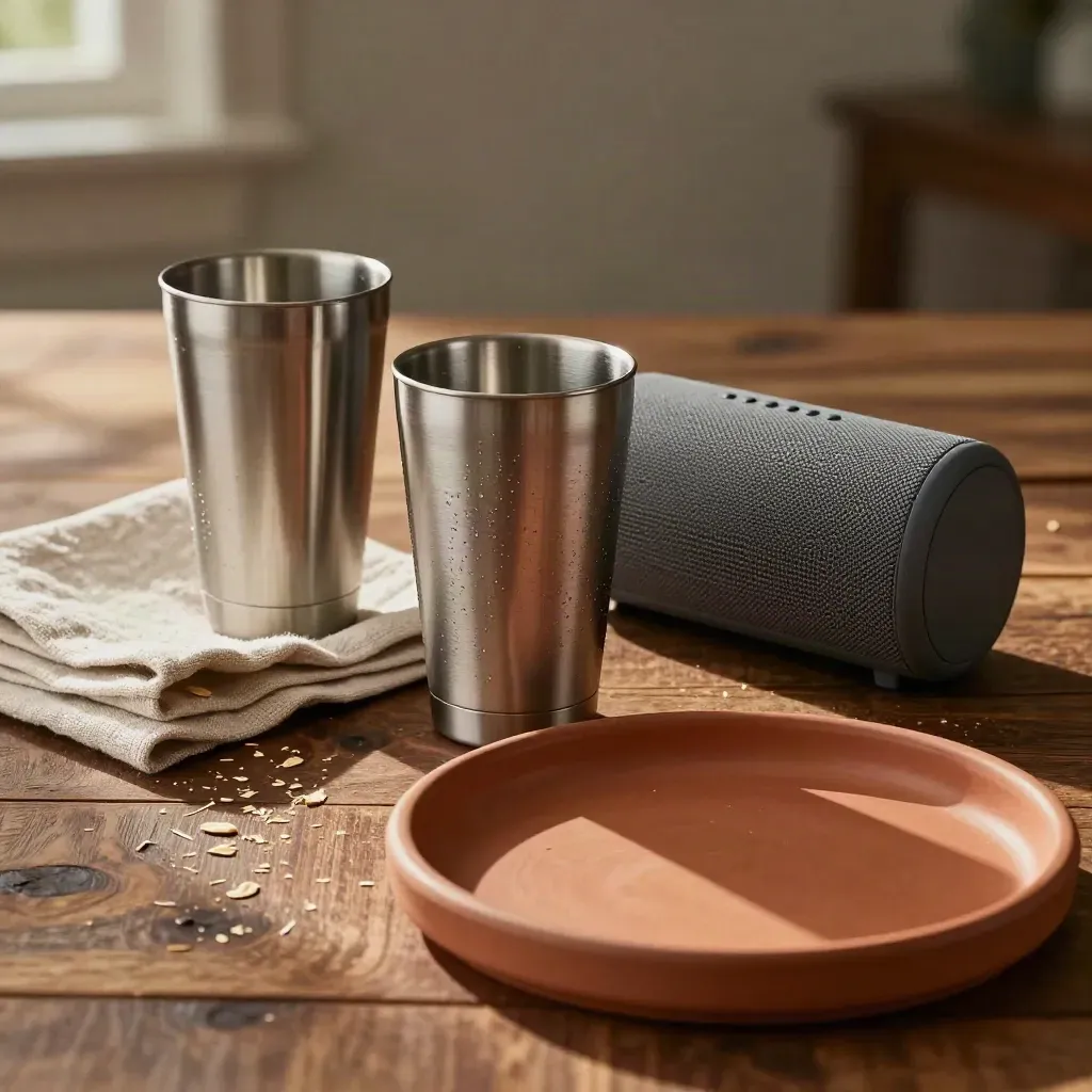 Tumblers, linen, speaker, and tray on a terracotta wood surface in warm evening light.
