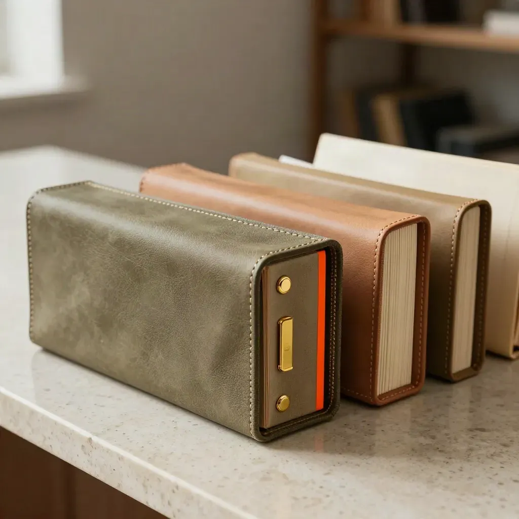 Close-up of proposal cases, brass clip and sample booklet on travertine.
