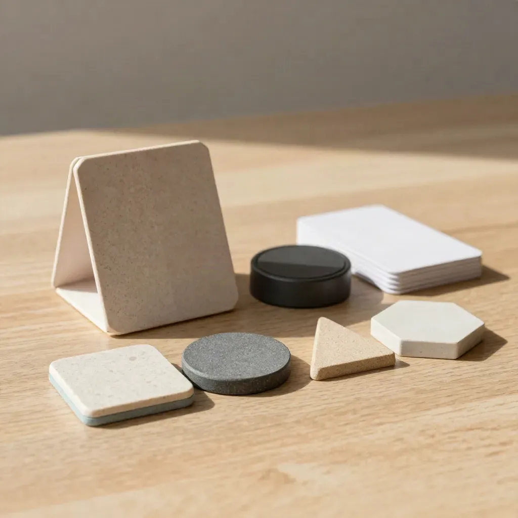 Geometric format tokens, tent card, speaker puck, and blank card deck on pale wood, softly lit.