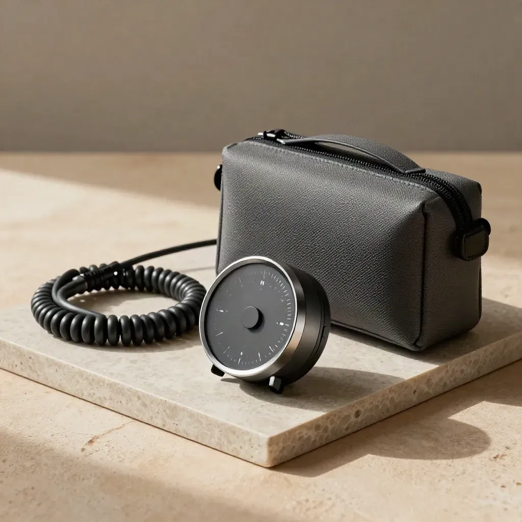 Timer, coiled cable, speaker and AV pouch on a limestone tray with soft light.