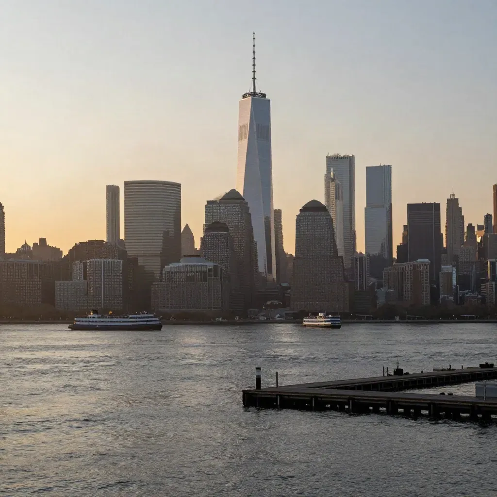 Sunrise haze over Lower Manhattan from Brooklyn waterfront, with ferries and calm piers below.