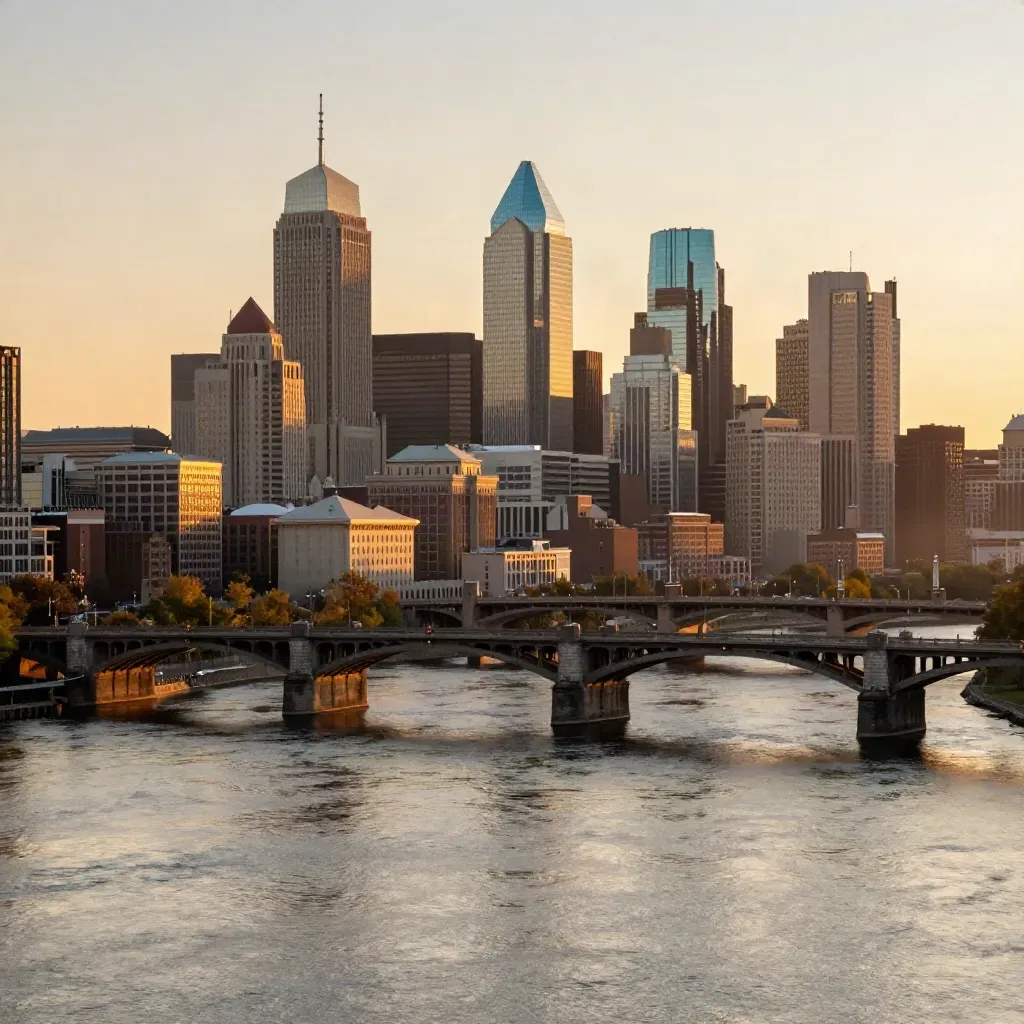 Philadelphia skyline over the Schuylkill at golden hour with stone bridges and calm river haze.